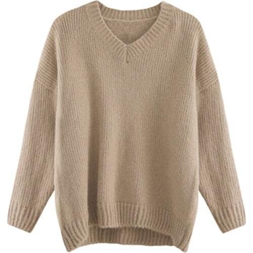 PERHAPS U Women Solid Simple Sweater Knitted Pullovers V Neck Long Sleeve Khaki Loose Casual Autumn Winter M0097