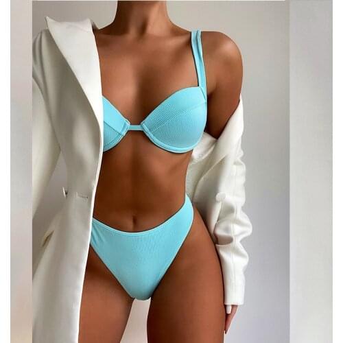 2021 Womens Summer Streetwear Push-Up Low Waist Two-Piece Steel Ring Backless Beach Ladies Bikini