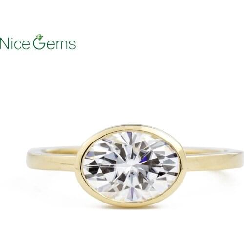 NiceGems 14K Yellow Gold Bezel OVal Moissanite Engagement ring Center 2 Carat 7x9mm OVal Cut D Color moissanite ring for women