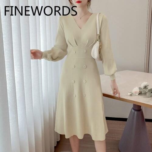 FINEWORDS Beige Knitted Winter Dress Women Korean Chic Elegant Dress V Neck Long Sleeve A Line Office Ladies Sweater Dresses