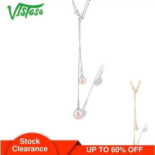 VISTOSO Gold Necklace For Women Genuine 14K 585 White/Yellow Gold Fresh Water White Pearl Necklace Elegant Fine Jewelry
