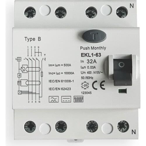 10KA 4P 3 Phase 400V/415V 16A/20A 30mA TYPE B RCCB
