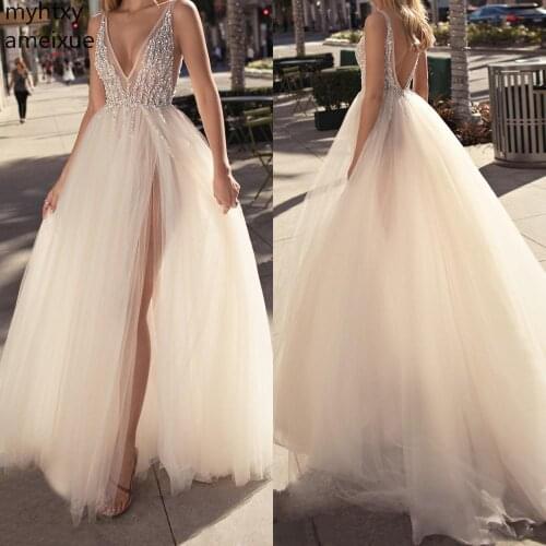 2020 Tulle Pure And White Evening Gowns Backless V Neck High Split Sexy Prom Party Custom Made Special Occasion Dresses Cheap