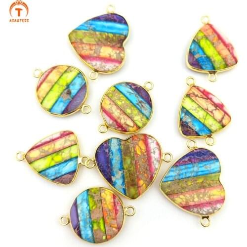 5pcs Natural Stones Emperor Stone Round Shaped Pendants Gold Diplopore Connector Charm Woman Jewelry Necklace Bracelet Making