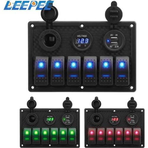 4.2A Dual USB Slot Socket 6 Gang Rocker Switch Panel With Fuse Digital Voltage Display Waterproof