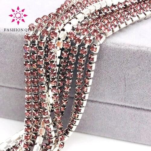 Free shipping 5 yards Super bright encryption Light purple 2mm-4mm silver base rhinestones cup chain,diy clothing accessories