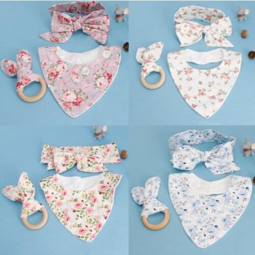 3Pcs Baby Rabbit Ears Teether Cotton Bibs Headband Infant Saliva Towel Care Set