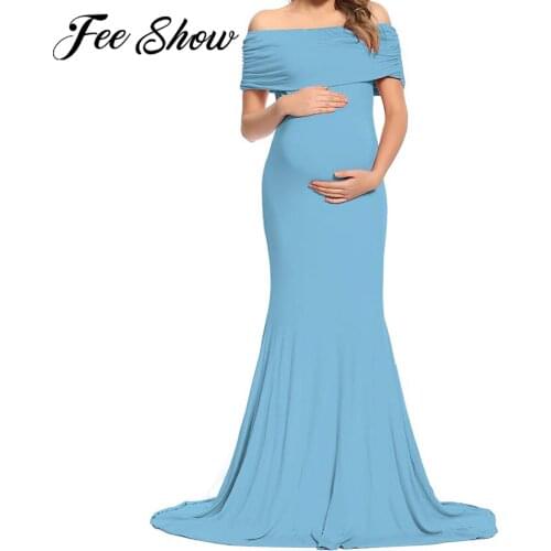 Elegant Sexy Maternity Ruffle Shoulderless Dresses Photography Props Pregnant Women Dress For Photo Shoot Baby Shower Maxi Dress