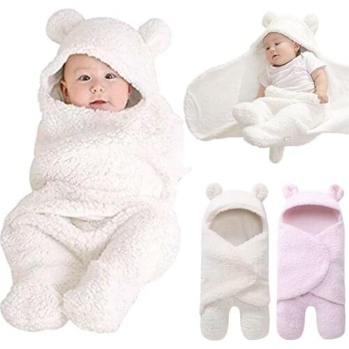 Newborn Baby Infant Boys Girls Swaddling Fleece Hooded Solid Warm Swaddle Wrap Swaddling Blanket Sleeping Bag