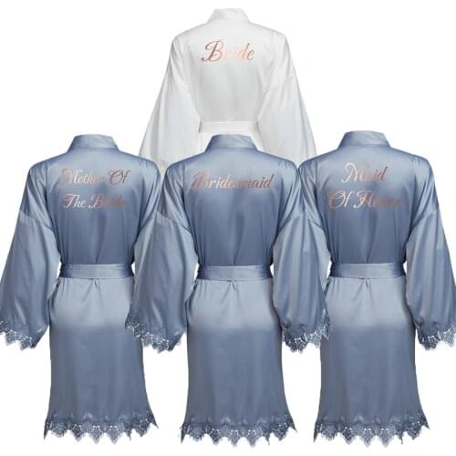 Matt Satin Lace Robe Women Wedding Bride Robes Bridesmaid Kimono Robe Bridal Robes Dusty Blue Bathrobe