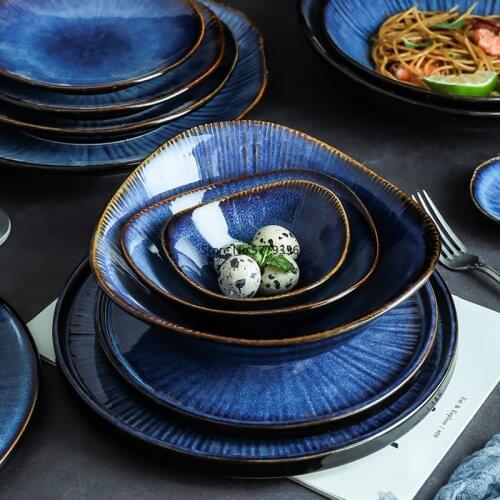 New Creative Beautiful Kiln Glaze Blue Ceramic Tableware Household Flat Deep Steak Breakfast Plate Large Bowl