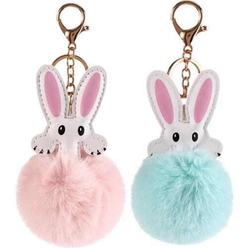 New fashion pink dreaming doll Long ear rabbit plush fur bag pendant keychain cute cartoon artificial rabbit hair ball car key c