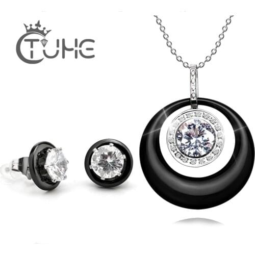 New Ceramic Round Stud Earring Earring Necklace With AAA CZ Fashion Black White Crystal Earrings for Women Nickel Free Fashion