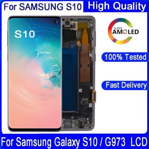 Original 6.1" SUPER AMOLED LCD For SAMSUNG GALAXY S10 G973 SM-G973F G973U With Frame LCD Display Assembly Replacement