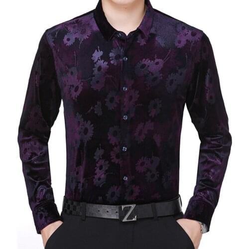 Chinese style dark flower pattern print fashion long sleeve shirt Autumn 2018 New top quality gold velvet luxury shirt men M-3XL