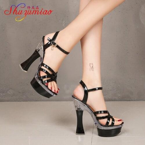 2021 New Comfort Patent Leather Women Summer Sandals Platform Thick Heel Bridal Party Shoes 14CM Sexy Nightclub Pole Dance Heels