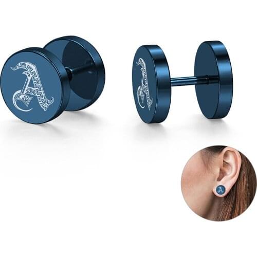 Punk Stud Earrings For Men Women 10mm Stainless Steel Blue Letter Small Tiny Alphabet Name Earrings Piercing Jewelry LKE208