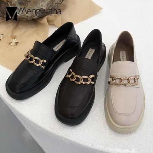 Metal Chain oxfords woman small leather shoes students creepers square toe flats platform shoes woman low heels loafers 2020