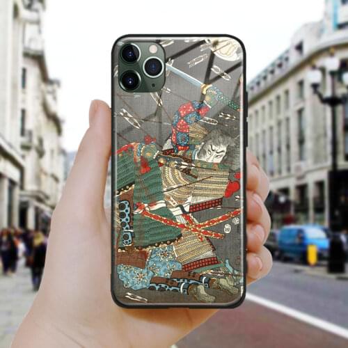 Japanese style Samurai painting vintage Silicone Glass Phone Case Cover For iPhone SE 6 6s 7 8 Plus X XR XS 11 12 Mini Pro Max