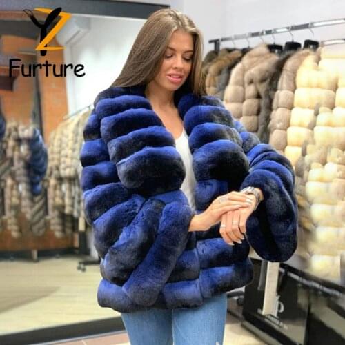 2021 New Women Rex Rabbit Jacket Real Fur Coat Big Turn-Collar Full Pelt Fur Chinchilla Color Coat Women Real Fur Overcoat