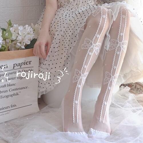Lolita Socks Womens Summer Mid-Calf Spun Glass Ultra-Thin Knee Socks Womens Lolita Soft Girl Lace Bow Thigh high Socks