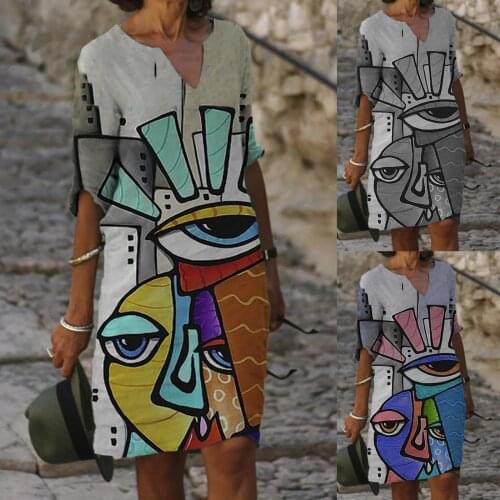 Geometric Abstract Pattern Women Dresses Fashion Print Casual Short Sleeve O-neck Loose Knee-length Dresses Loose Dresses