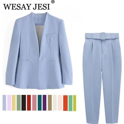 WESAY JESI Womens Fashion Blazer Office Suit Pantsuit Simple Solid Color Suit Collar Long Sleeve + Trousers 2 Piece Set Blazer