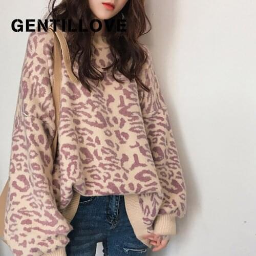 Leopard Print Women Sweater Ladies Knitted Pullover Long Lantern Sleeve O Neck Autumn Winter New Style Loose Tops Blouse Jumper