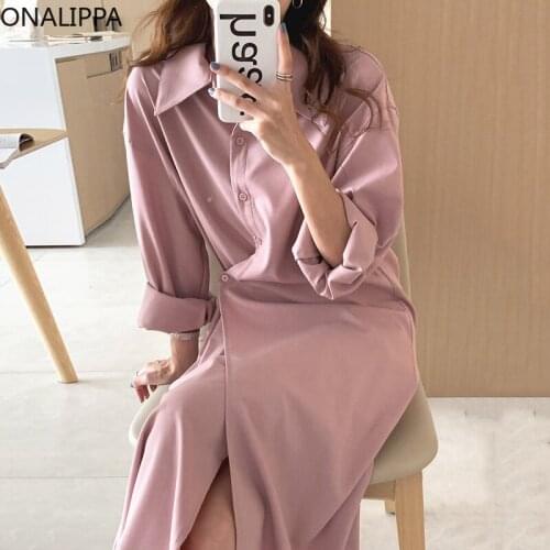 ONALIPPA Side Buckle Waist Design Dress Female 2021 Autumn French Elegant Temperament Niche Lapel Solid Color Shirt Vestidos
