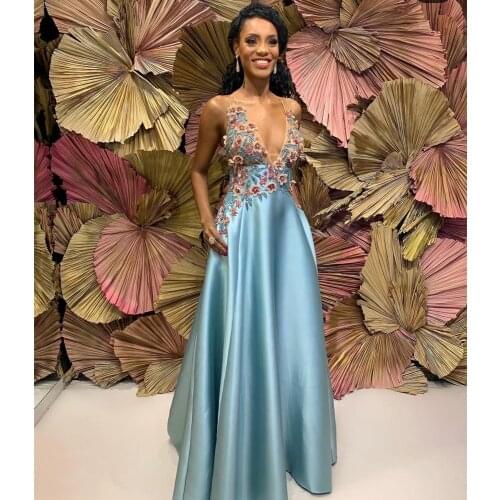 2020 Evening Dress A-Line Sexy Satin V-Neck Court Train Sleeveless With Pocket High Quality Women Party Gowns Crystal Beaded