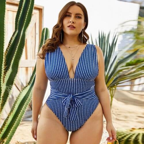 2021 New Sexy Striped One Piece Swimsuit Plus Size Swimwear Women Deep-V Bathing Suit Obese Female Large Bather Monokini 4XL