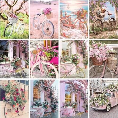 Diamond painting bicycle round diamond embroidery flowers pink cross stitch mosaic crafts kit for home decoration
