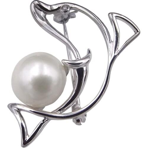 Lovely Dolphin pearl Brooch Valentines Day sterling silver jewelry gift with Rotary Pin Fastener on The Back to Prevent Missing