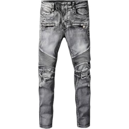 European American Street Fashion Men Jeans Retro Gray Spliced Designer Ripped Jeans Men Hip Hop Denim Punk Biker Pants Homme