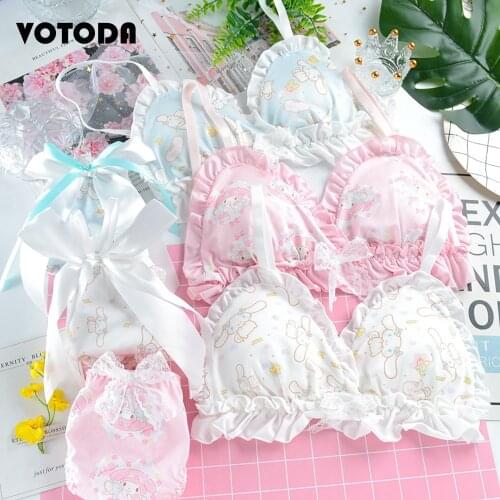 Girls Japanese Cute Wire Free Bra Suit Women Sexy Lace Lingerie Briefs Set Kawaii Sweet Lolita Underwear Thong Cotton Panties