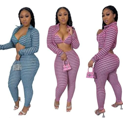 52T10865 Autumn Winter Women Casual Fashion Plaid Print Three Piece Set Top and Pants Tracksuit Sweatsuit Outfits
