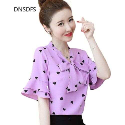 Summer Shirt Bow Tie Neck Ruffles Short Sleeve Tops Womens Chiffon Blouses Korean Ladies Heart Print Blouse White Top Blusas