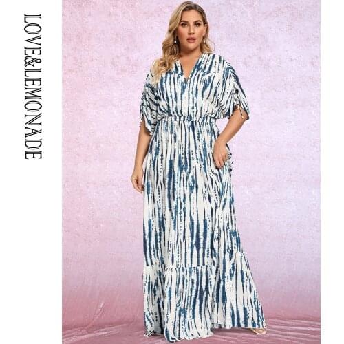 LOVE&LEMONADE PLUS SIZE Sexy V-Neck Loose Drop Shoulders Waist Waist Straight Blue Print Beach Summer Dress LM83467-PLUS