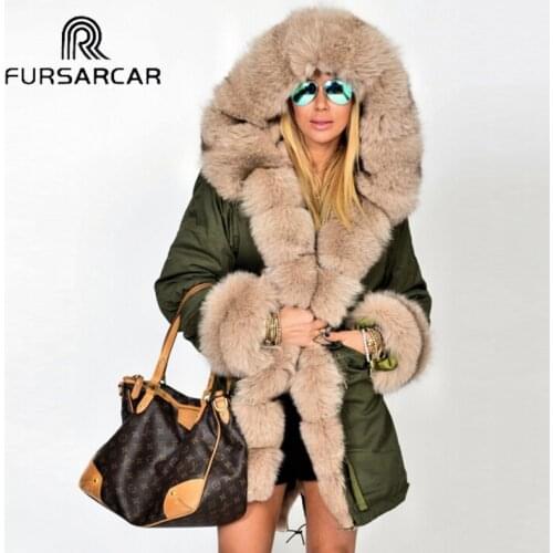 FURSARCAR Fashion Style Real Fur Parka Women Luxury Winter Mid-Long Coat With Fox Fur Collar And Cuff Thick Warm Fox Fur Parka
