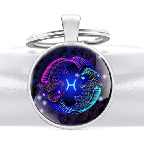 Fashion Pisces Glass Dome Key Chain Charm Astrology Jewelry Gifts Key Ring