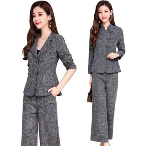 Fashion suit suit female spring /autumn New high quality temperament retro suit female + wide leg pants two-piece suit women