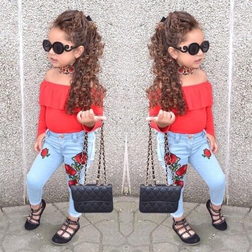 Fashionable Style for Girls Long Sleeves Red T-shirts + Floral Jeans Pants In Autumn Springsets Childrens Clothes Set ST318