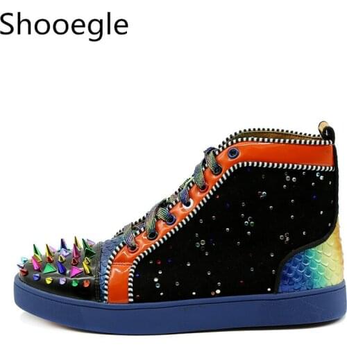 Men Colorful Rivets Casual Shoes Head Spike Lace Up Men Camping Shoes Mixed Color Crystal Stud High Top Patchwork Flats
