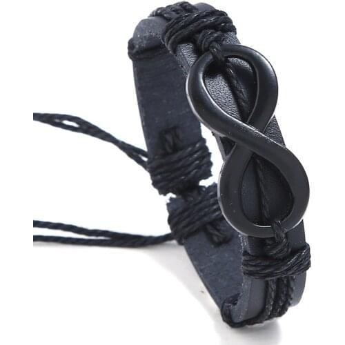 New Black Rope Woven Alloy Lucky 8 Arrow Peace Musical Heart Feather Men Charm Leather Bracelets For Women Homme Gift Jewelry