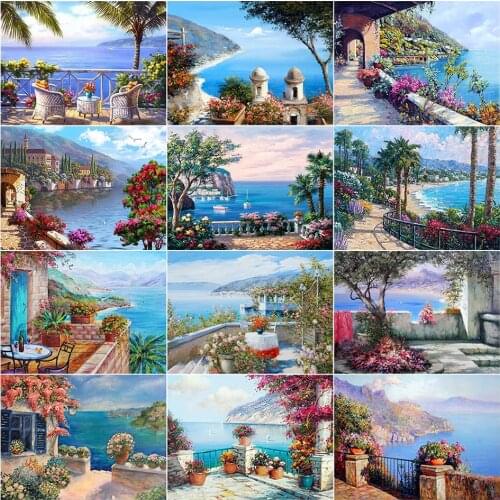 5D DIY Seaside Landscape Diamond Mosaic Full Square Round Handmade Diamond Embroidery Cross Stitch Kit Home Decoration Gift