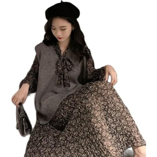 New Two Piece Set Women Floral Dress Fashion Korean Fashion2021 Spring And Autumn Knitted Vest Temperament Chiffon Female Suit