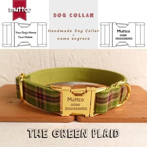MUTTCO engraved retailing self-design personalized nameplate dog id collars handmade THE GREEN PLAID 5 sizes dog collar UDC041B