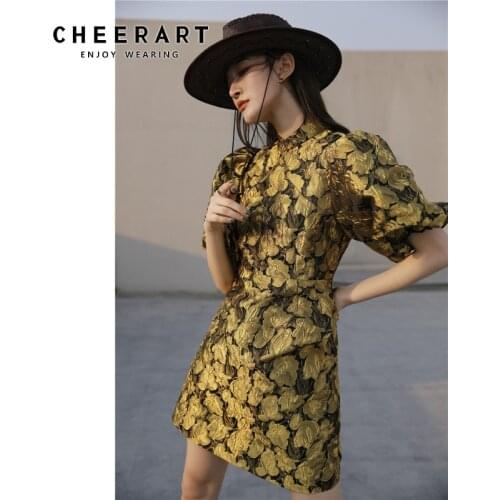 CHEERART Gold Puff Sleeve Cheongsam Dress Spring Summer 2021 Women Fashion Short Sleeve A Line Floral Tunic Mini Elegant Dress