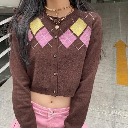 SEASONS Argyle Casual Crop Top Cardigan Women Brown Fashion Plaid Preppy Style Sweater Autumn Button Jumper Female ASSW82030