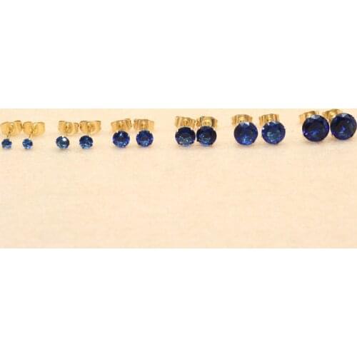 Size 3mm to 8mm 316L Stainless Steel Royal Blue Color Round Zircon Stud Earrings No Fade Allergy Free Brief Jewelry